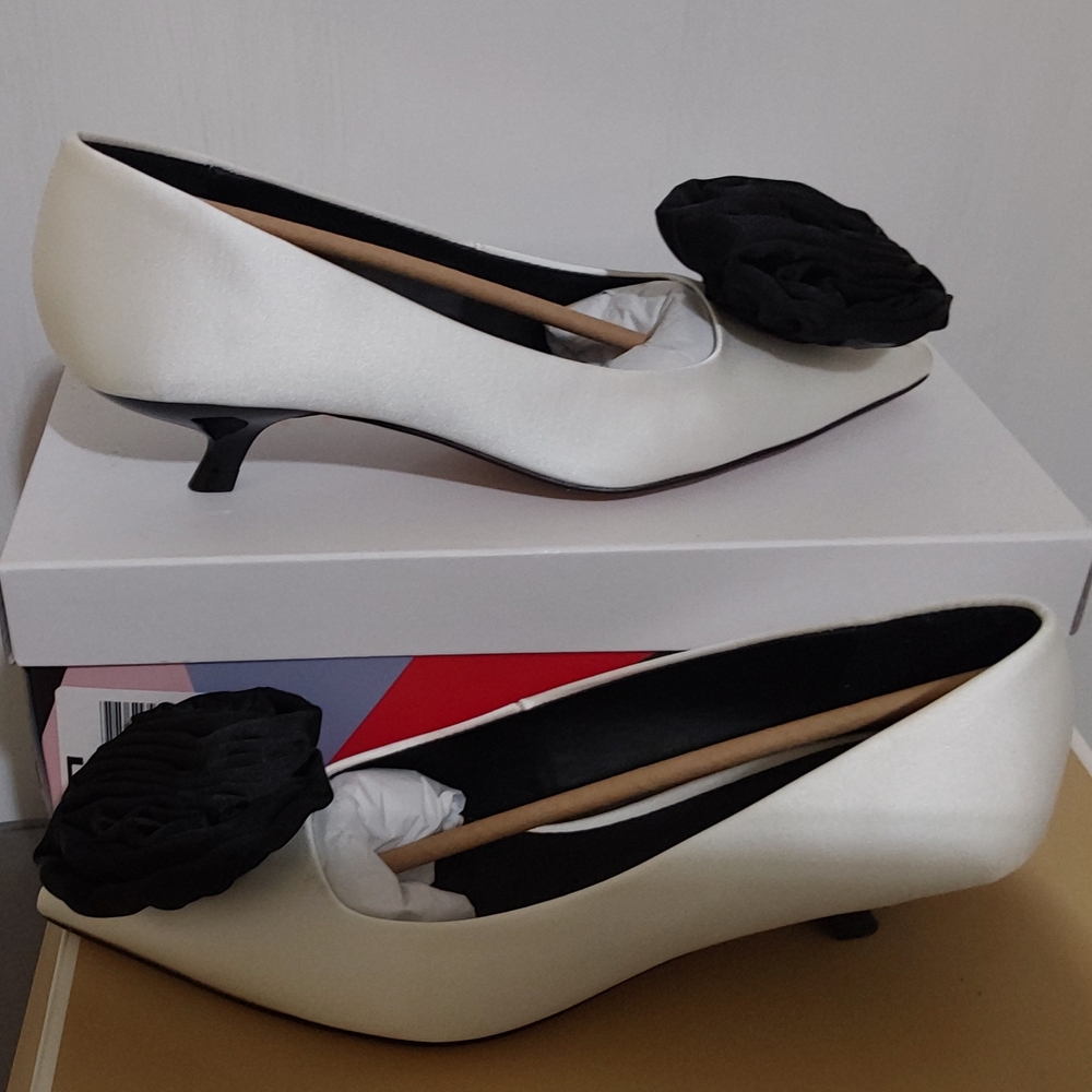 Katy Perry Collections White Satin Kitten Heels with Black Rosette